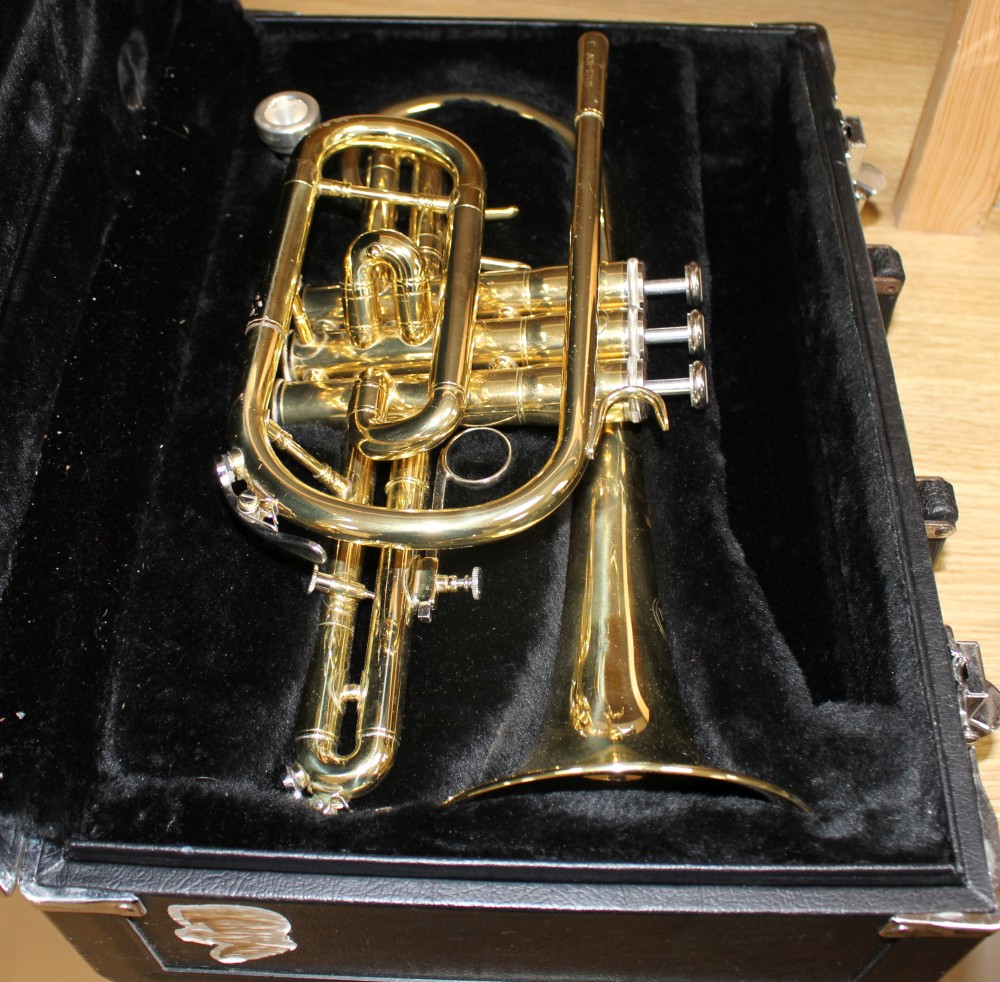 A cased Jupiter brass cornet, numbered JCR-520M, 33cm